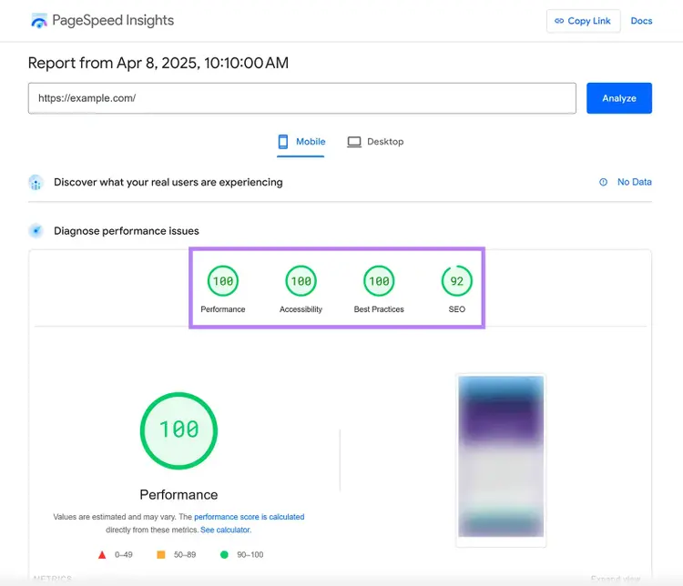 PageSpeed Insights scoring a site based on performance, accessibility, best practices, and SEO.