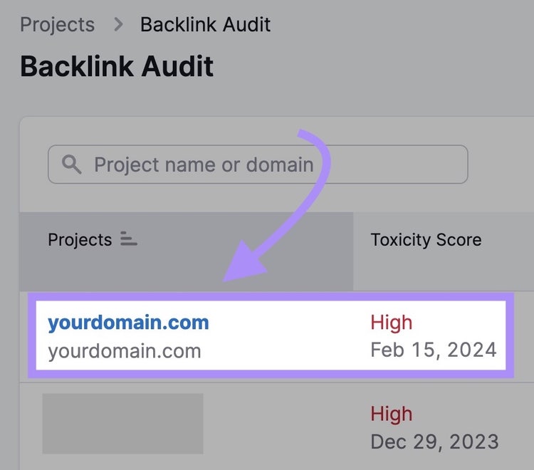 Select domain in Backlink Audit