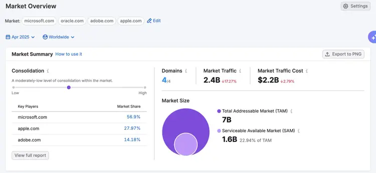 Market Overview showing consolidation level, key players market share, and 7B total addressable market size