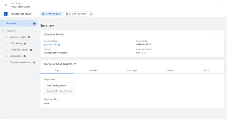 Google tags preview window