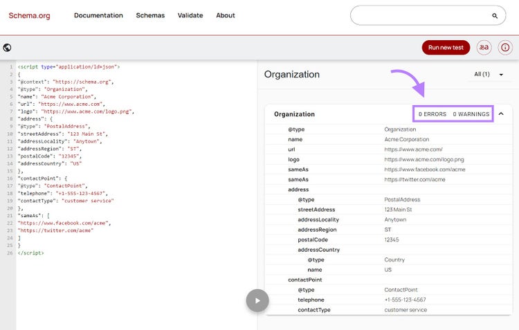 Schema Markup Validator tool with the "0 Errors 0 Warnings" section highlighted.
