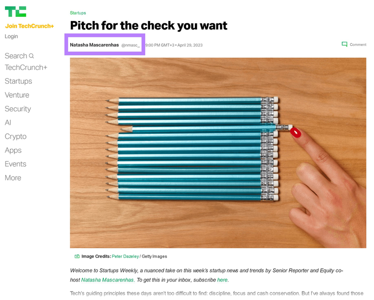 an example of article "Pitch for the check you want" with its author highlighted below