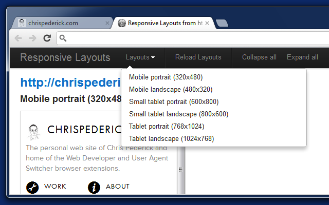 Web Developer Responsive Layouts menu showing device sizes from 320x480 to 1024x768