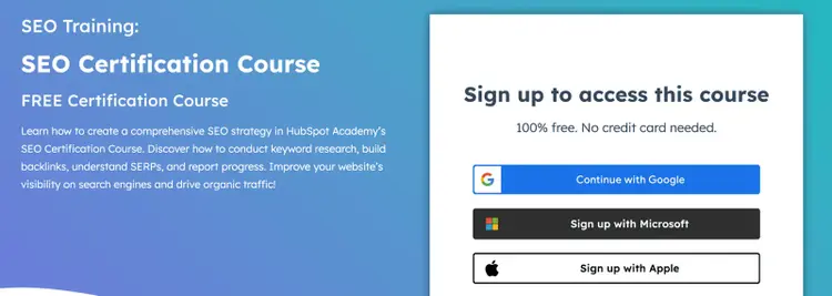HubSpot SEO Certification Course signup page with authentication options