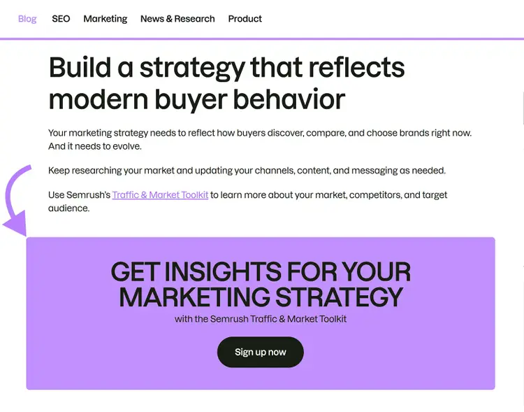 Semrush blog post with a large purple call to action for the Traffic & Market Toolkit