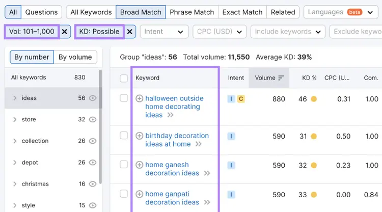 "Volume," and "KD%" filters in Keyword Magic Tool