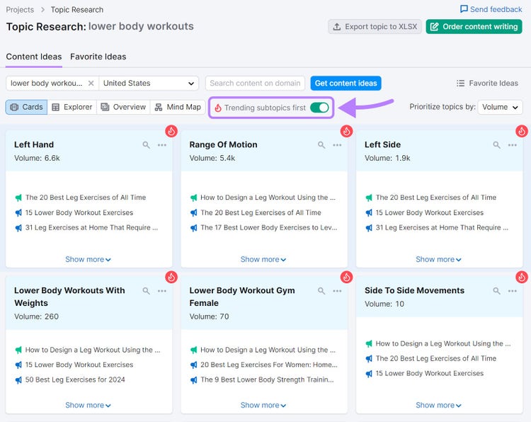 "Content Ideas" dashboard for "lower body workouts" in Topic Research tool