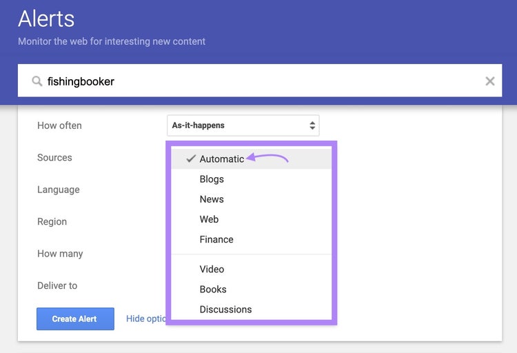 "Sources" drop-down opened and highlighted, and "Automatic" selected on Google Alerts options.