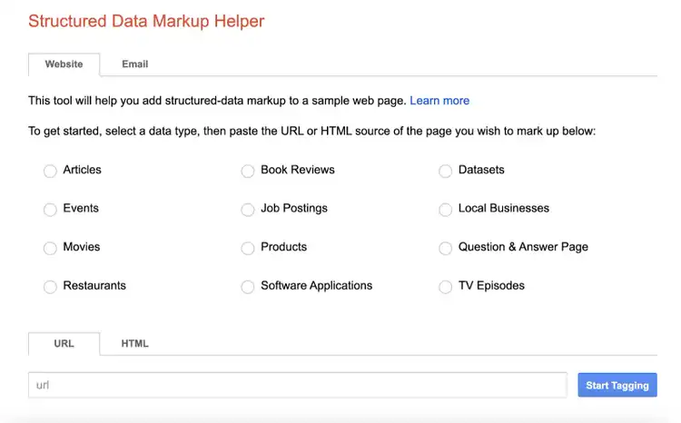 structured data markup helper start allows you to choose what type of data you're hoping to mark up and the url