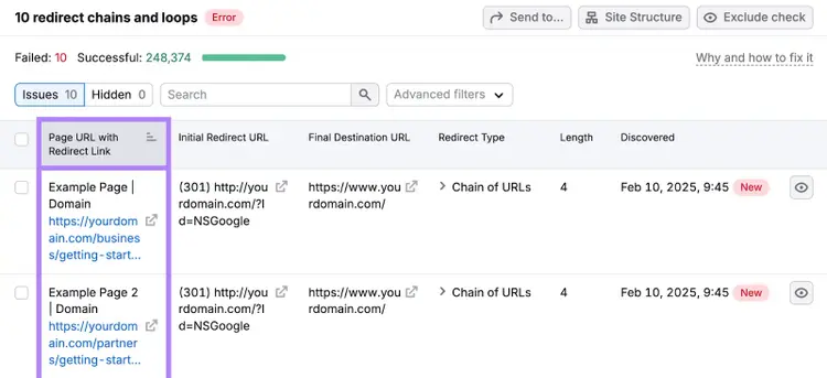 The report lists page URL with redirect link, the initial redirect URL, the final destination URL, and more.