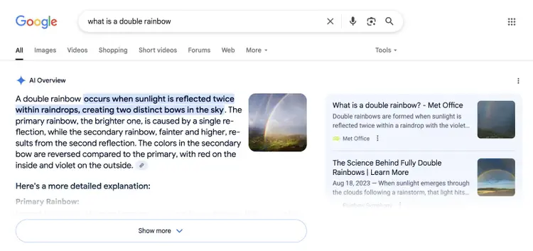 AI Overview for a question query shows an image in the result which links to the article it came from.