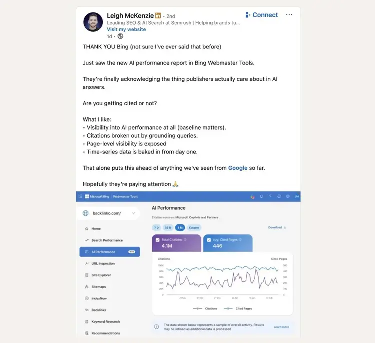 A post on LinkedIn by Leigh McKenzie talking about what he likes about Bing's AI Performance report.