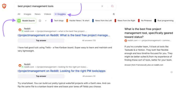 Goggles filter is applied with Reddit Search results.