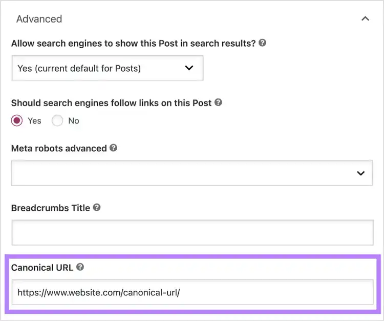 “Advanced” tab in Yoast SEO options
