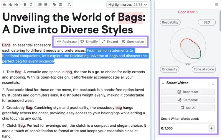 Smart Writer tools highlighted in the editor