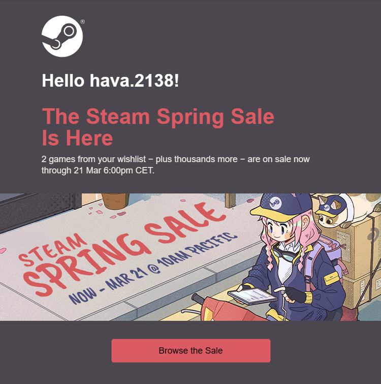 Steam's sale email includes an illustration