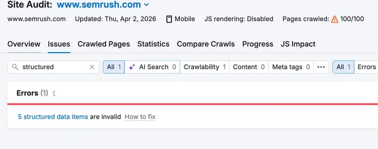 Semrush Site Audit Issues tab showing 5 invalid structured data items found in search.
