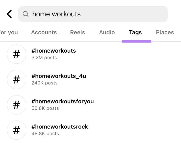 Tags tab shows list of hashtags by the number of posts for each.