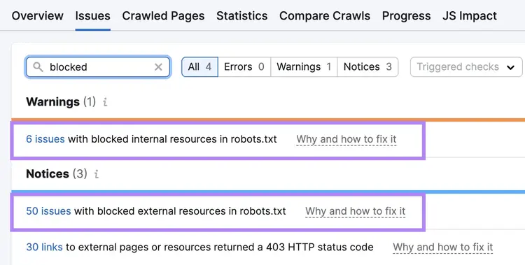 Issues with blocked internal and external resources in robots.txt found in Site Audit tool