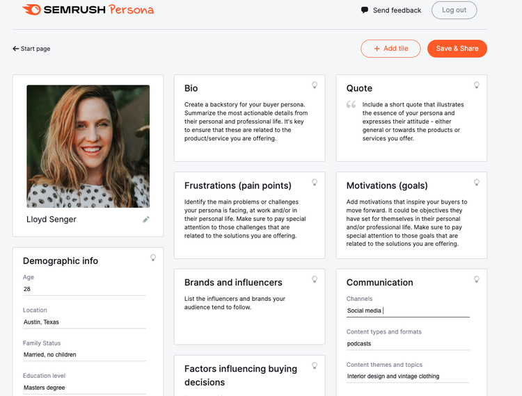 Semrush Persona template showing buyer persona with photo, demographics, and profile sections