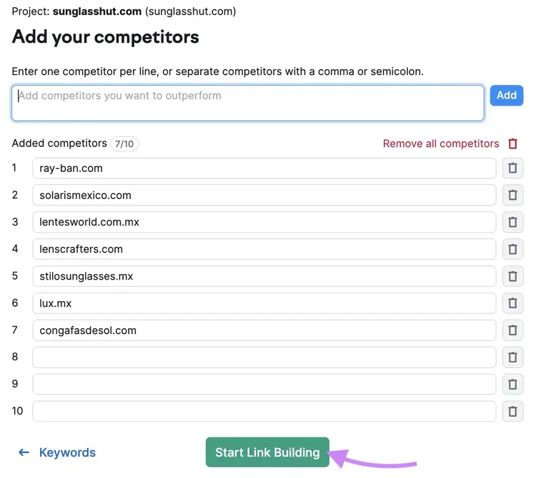 "Add your competitors" page in Link Building Tool allows you to add competitors