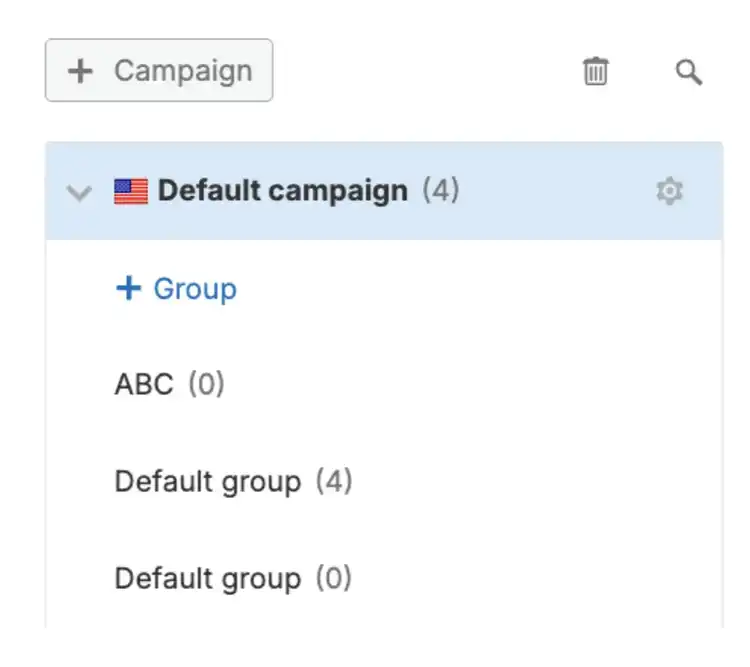 Google Ads campaign structure showing default campaign with ad groups