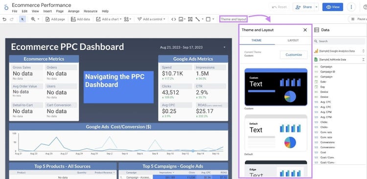 "Theme and Layout" tab in Looker Studio editor