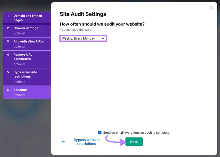 Site Audit Settings configuration popup with schedule set to 'Weekly, Every Monday' and arrow pointing to Save button