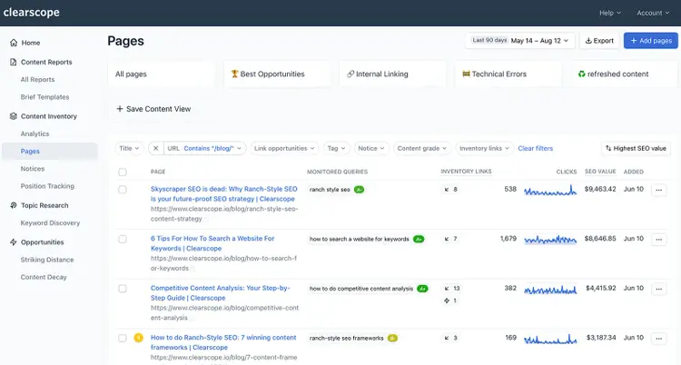Clearscope content inventory table listing blog pages with queries, SEO value, and clicks.