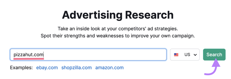 search for "pizzahut.com" in Advertising Research tool