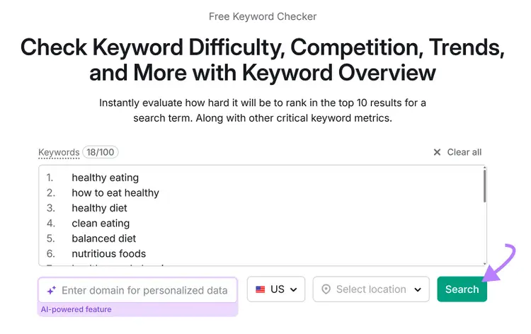 Keyword Overview input box with a list of keywords typed in and an arrow pointing to the Search button