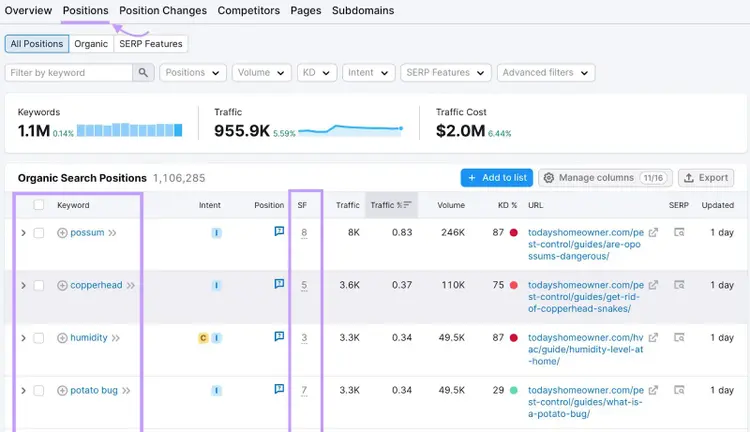 Organic Research showing pest keyword positions and traffic metrics