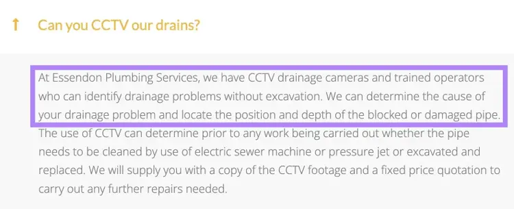 The FAQs section of a local business website with a question expanded and the answer highlighted.