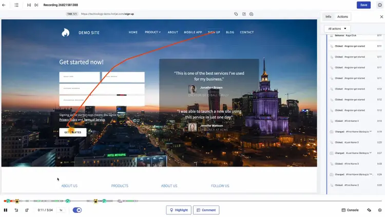 Website heatmap showing user interaction zones and engagement recording
