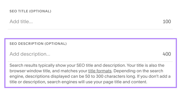 “SEO DESCRIPTION (OPTIONAL)” field in Squarespace