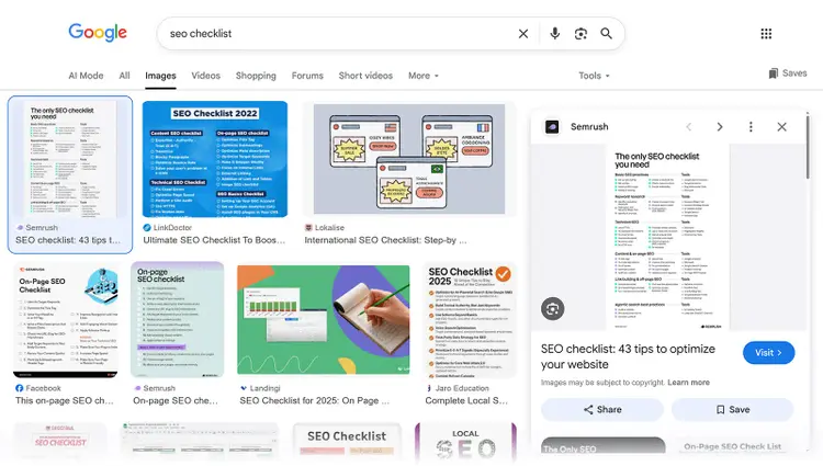 Google Images results for “seo checklist” showing infographic-style SEO checklist graphics from multiple websites