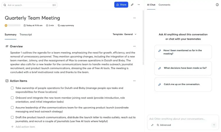 Otter interface showing an overview of a meeting along with key action items on the left and an AI Chat with prompt suggestions on the right.