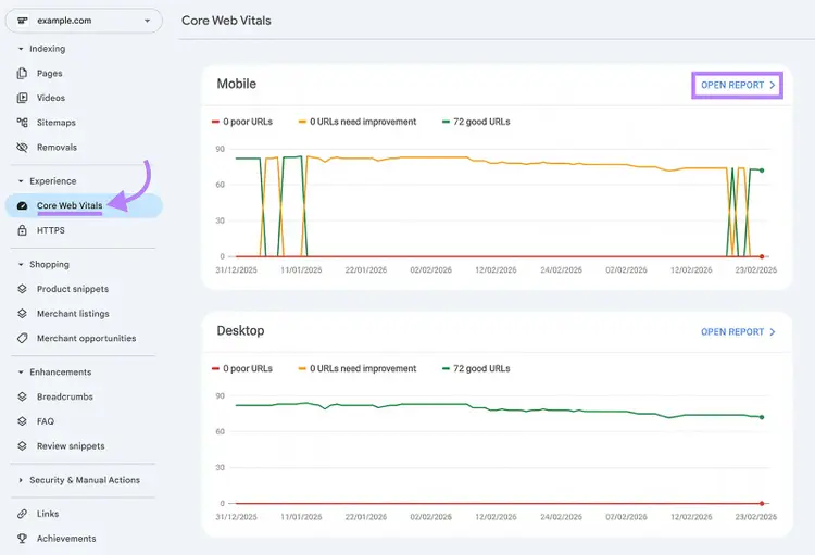 Google Search Console Core Web Vitals report with Open Report button highlighted