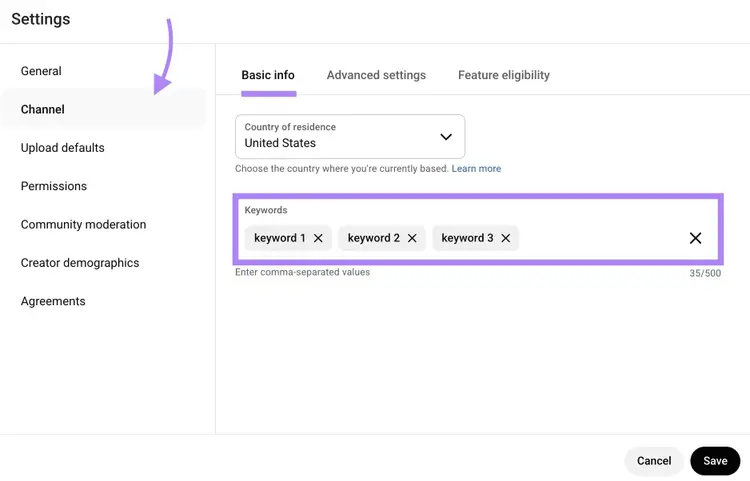A list of channel keywords entered on the "Basic info" settings window on YouTube Studio.
