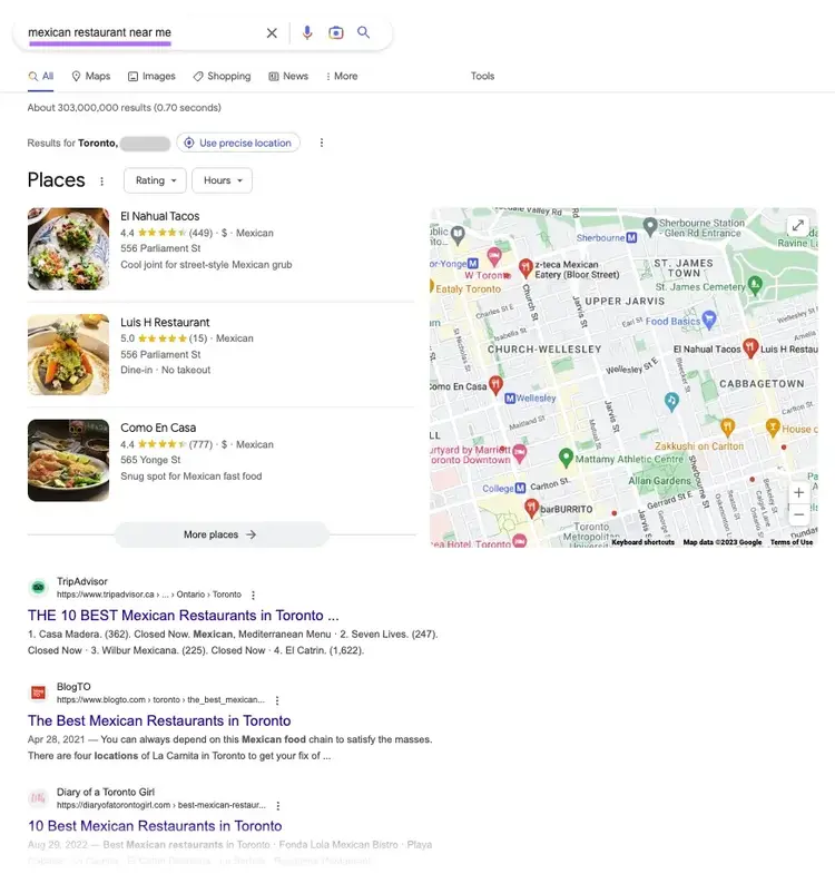 Google SERP for "mexican restaurant near me"