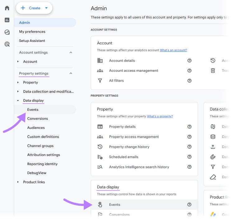 Navigating to "Events" > "Data display" in Google Analytics admin menu