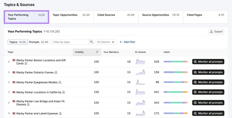 Topics & Sources on Visibility Overview with the "Your Performing Topics" tab selected.