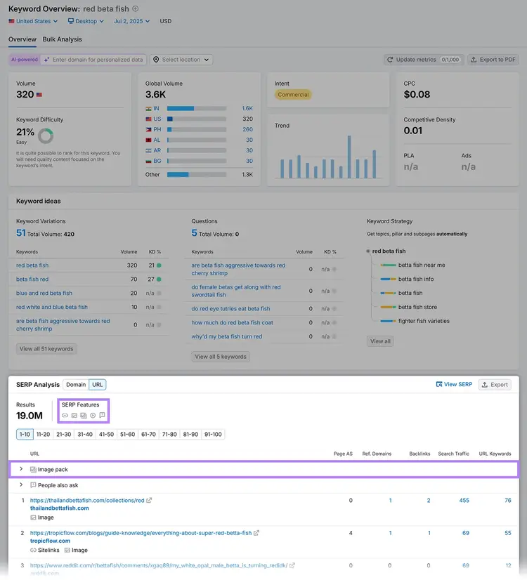 Keyword Overview report for ‘red beta fish’ showing search volume and SERP features