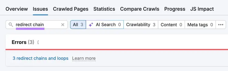 3 redirect chains and loops error shown in Site Audit tool