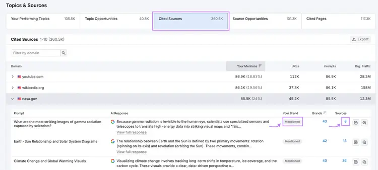 Screenshot of Semrush AI Visibility toolkit Cited Sources report.