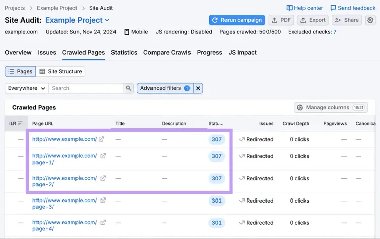 List of URLs with 307 redirects in Site Audit