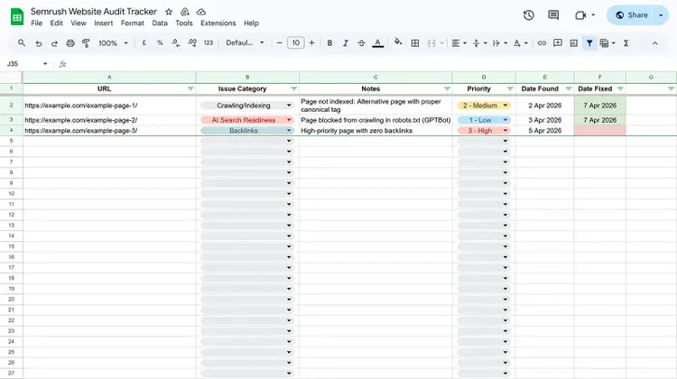 Website audit tracker spreadsheet with URLs, issues, priorities, and fix dates