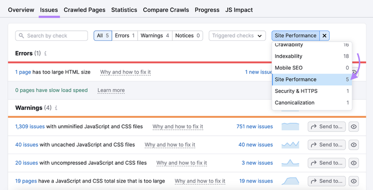 Filtering for "Site Performance" category under the "issues" tab in Site Audit tool