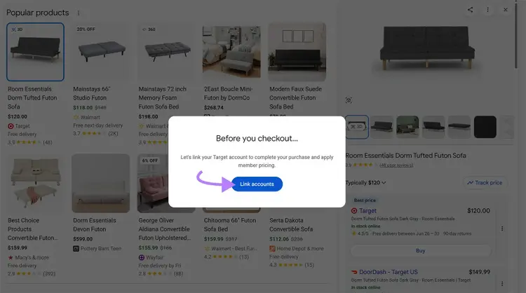 Google checkout pop-up asking users to link their Target account before buying