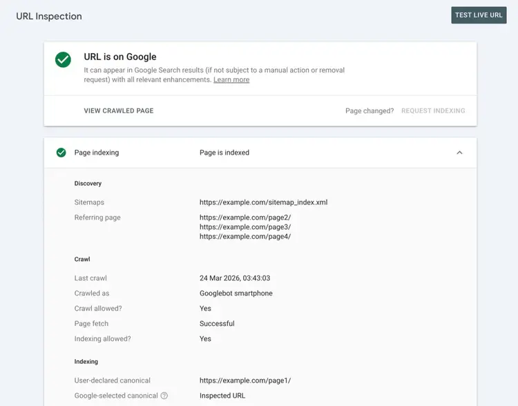 URL Inspection report on GSC showing if a URL is indexed on Google along with indexing details.